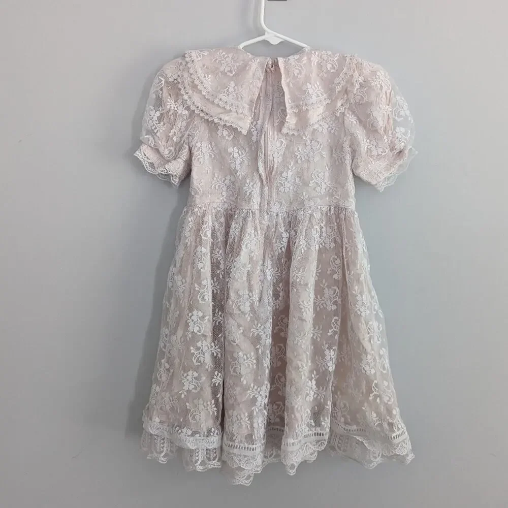 Vintage Girls Gunne Sax Blush Pink Lace Dress 1970 1980 USA Made Size Small